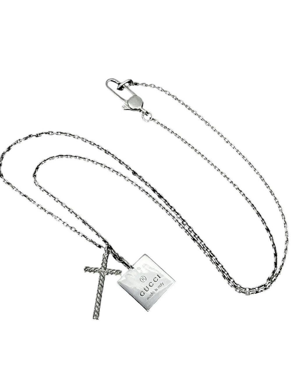 NEW GUCCI Cross and Square Tag Necklace - Gucci 925 Silver Double Pendant - Picture 7 of 9